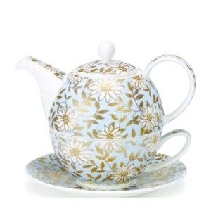 NWT Farmhouse Dunoon Fine Bone China Aqua/Gold Floral Tea For One Full Set